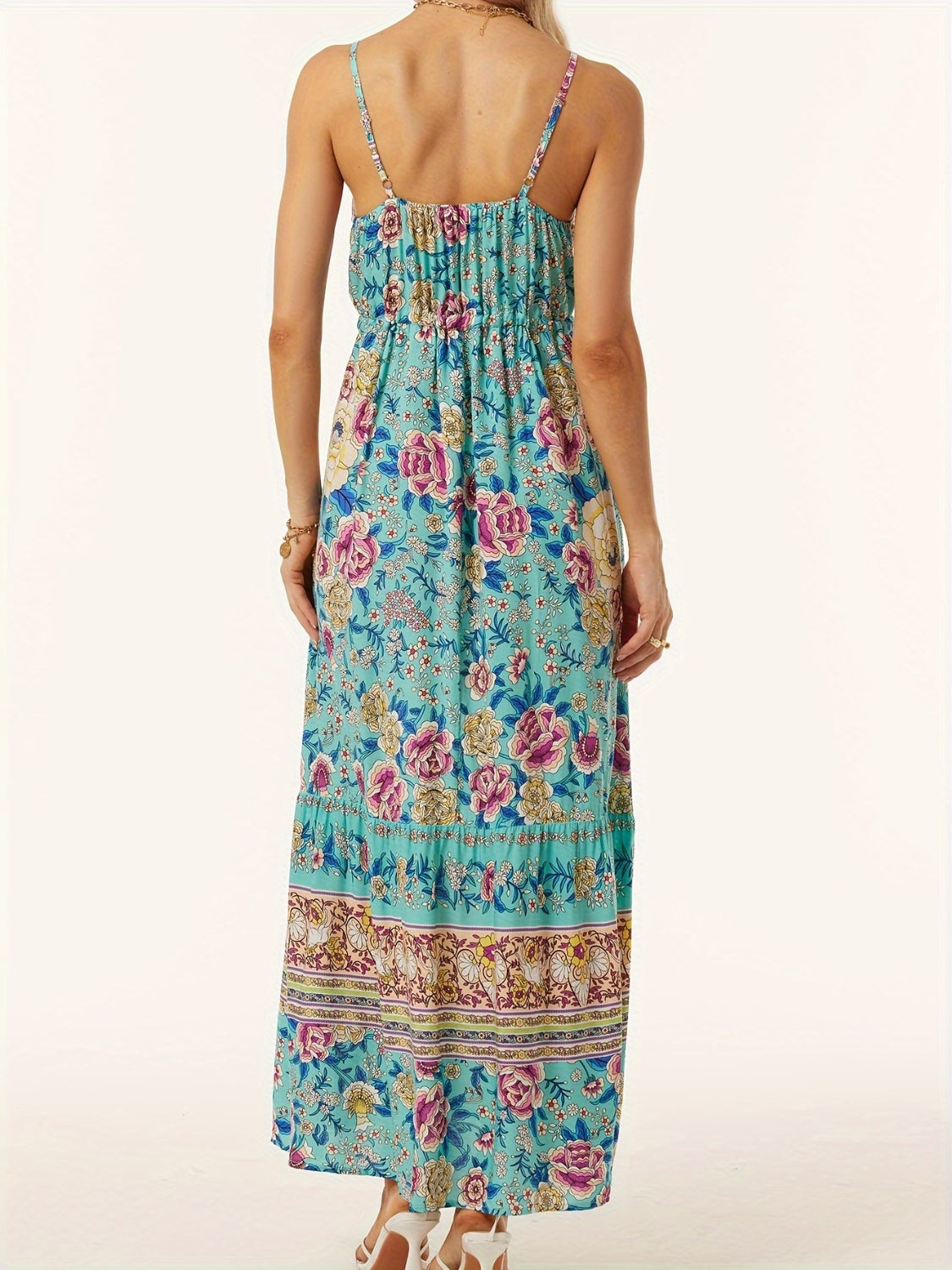 Turquoise floral maxi dress with adjustable waist and tiered hem