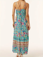 Turquoise floral maxi dress with adjustable waist and tiered hem