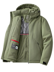 Army green hooded windbreaker jacket with fleece lining and interior pocket detail.