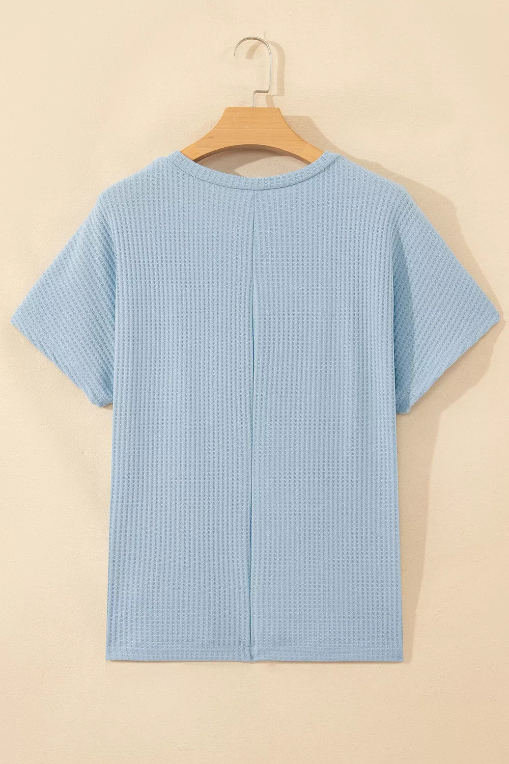Waffle Knit Dolman Sleeve Loose Top in Light Blue, close-up detail