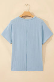 Waffle Knit Dolman Sleeve Loose Top in Light Blue, close-up detail