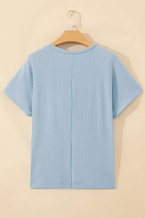 Waffle Knit Dolman Sleeve Loose Top in Light Blue, close-up detail