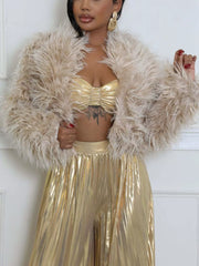 Faux Fur Open Front Cropped Outerwear in Red, front view