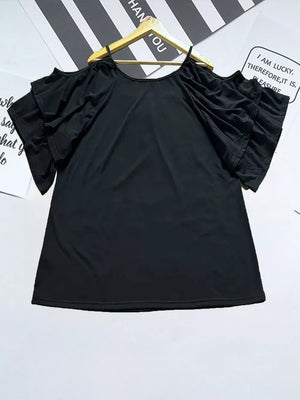 Black t-shirt with gathered neckline and ruffled cold-shoulder sleeves.