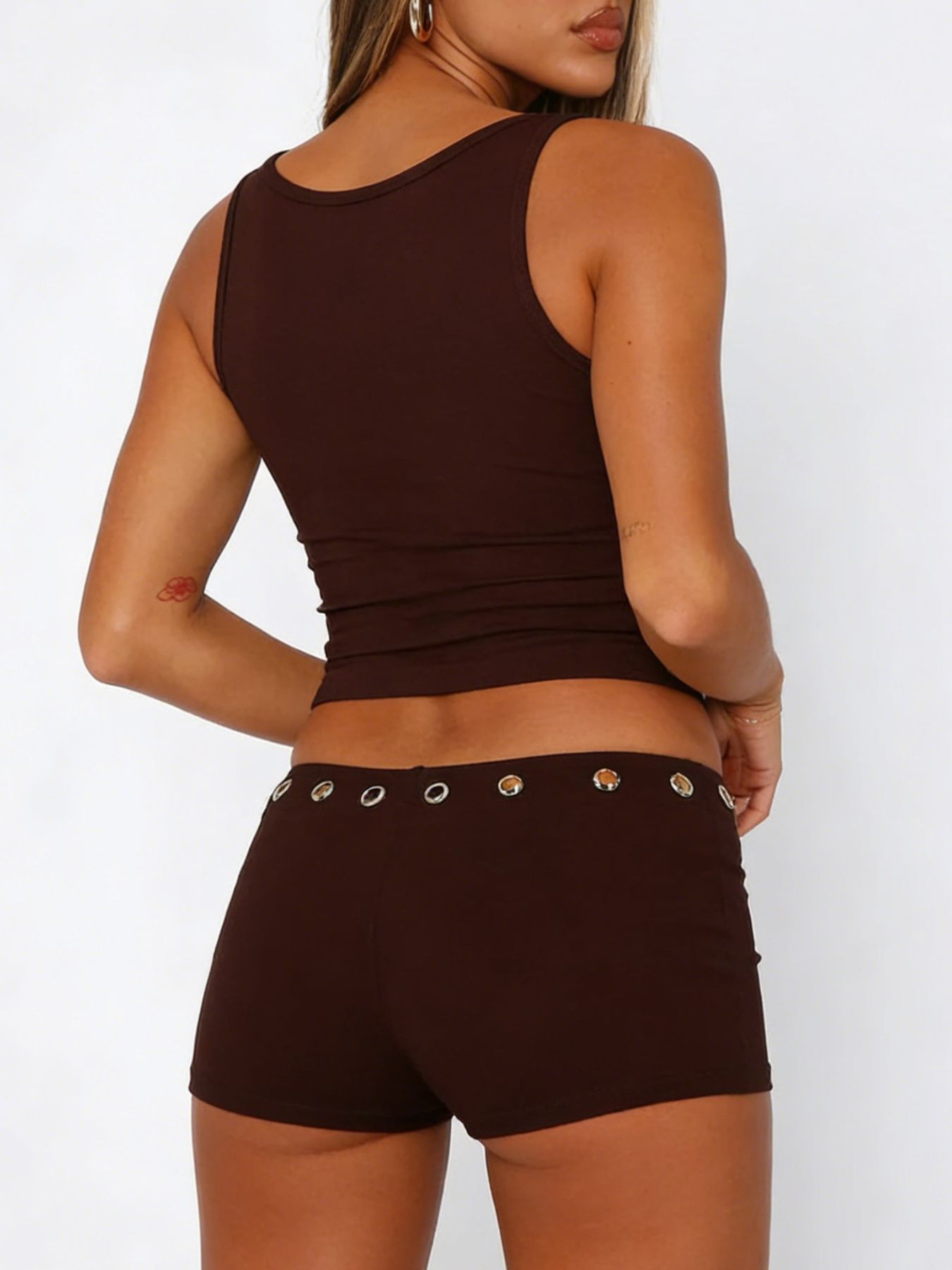 Brown ribbed tank top and shorts set with grommet detail on shorts waistband