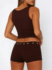Brown ribbed tank top and shorts set with grommet detail on shorts waistband