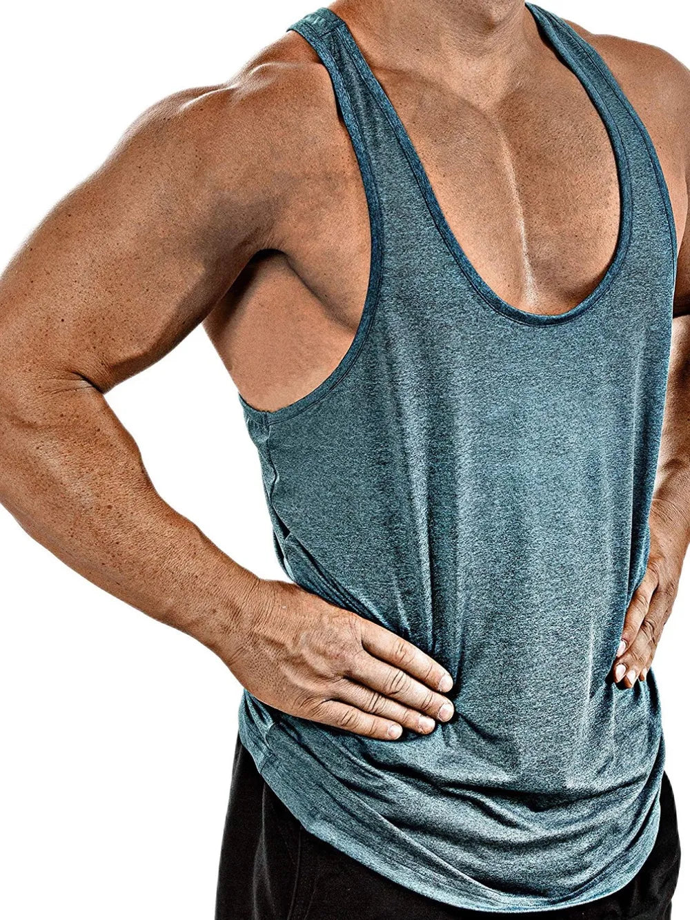 Performance racerback tank top in heathered Air Force Blue with a scoop neck.