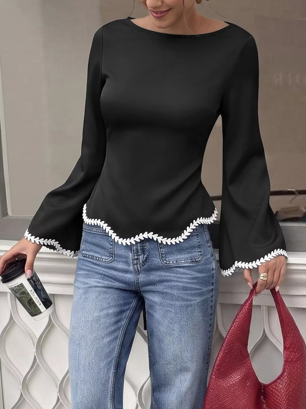 Contrast Trim Flare Sleeve Blouse in Black, back view