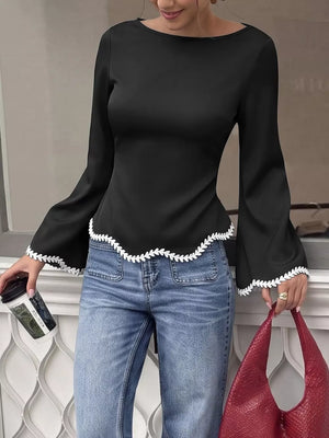 Contrast Trim Flare Sleeve Blouse in Black, back view