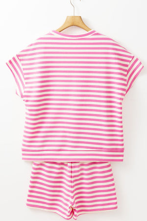 Pink stripe loungewear set with a short sleeve top and shorts.