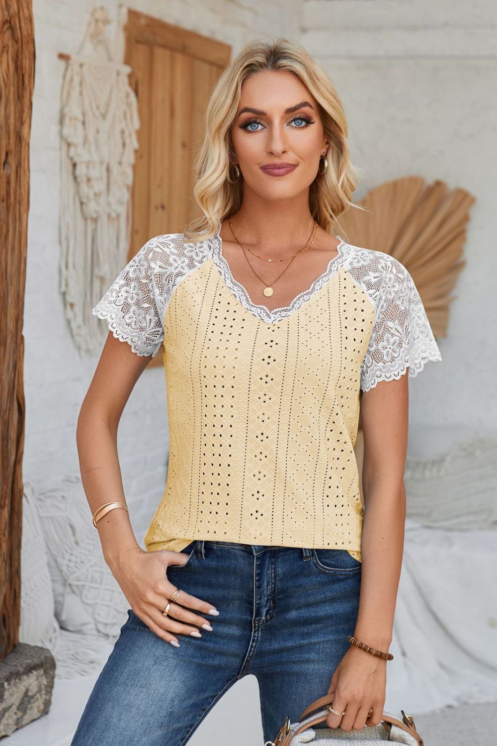 Light Yellow eyelet raglan blouse with white lace short sleeves and V-neck.