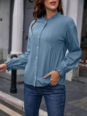 Dusty blue textured peplum blouse with ruffle collar and cuffs