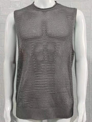 Gray open-knit sleeveless crewneck tank top with a ribbed hem.