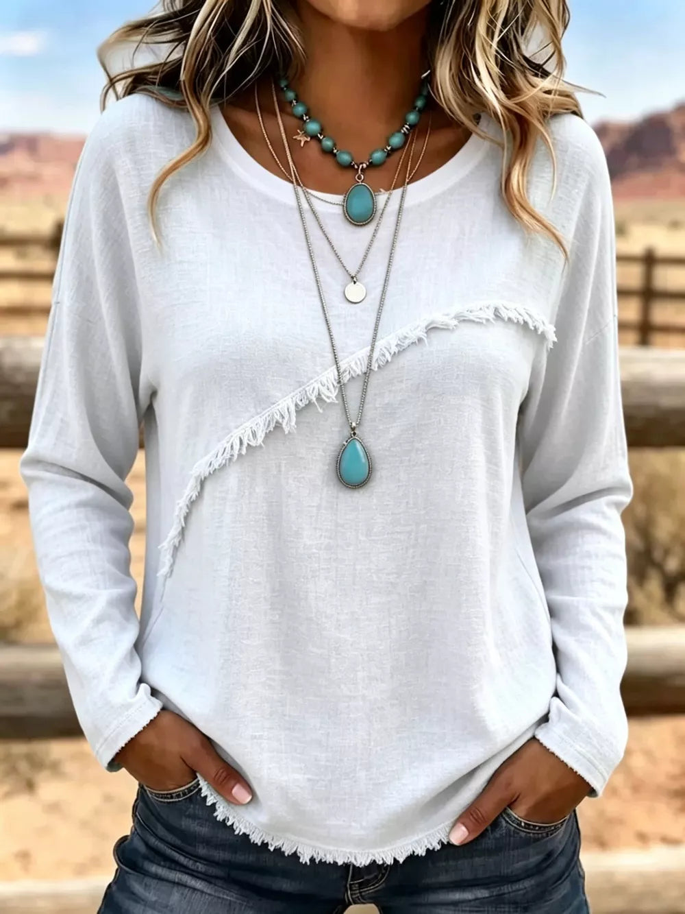 Full Size Fringe Detail Long Sleeve T-shirt Plus Size in Orange, editorial view