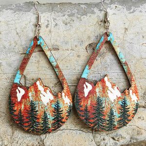Teardrop silhouette earrings with mountain and forest scene, Style C