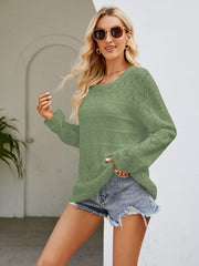 Openwork knit crewneck pullover in Gum Leaf green with diamond pattern, long sleeves.