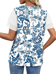 Blue floral t-shirt with layered short sleeves and a crew neck.