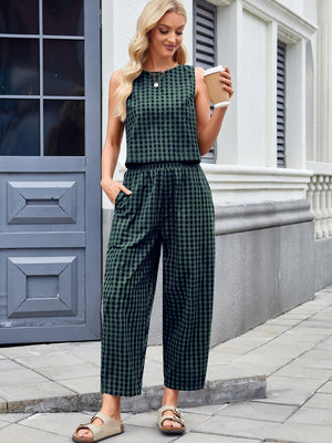 Gingham cropped tank and wide leg pants set in army green, with a round neckline and elastic waist.
