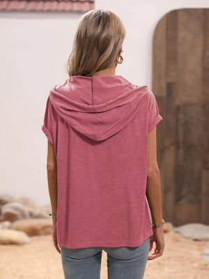 Relaxed dusty pink short sleeve hooded top with rolled cuffs.