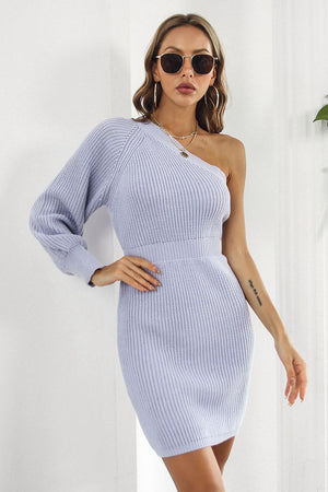 Lavender ribbed knit dress with one balloon sleeve and asymmetrical neckline