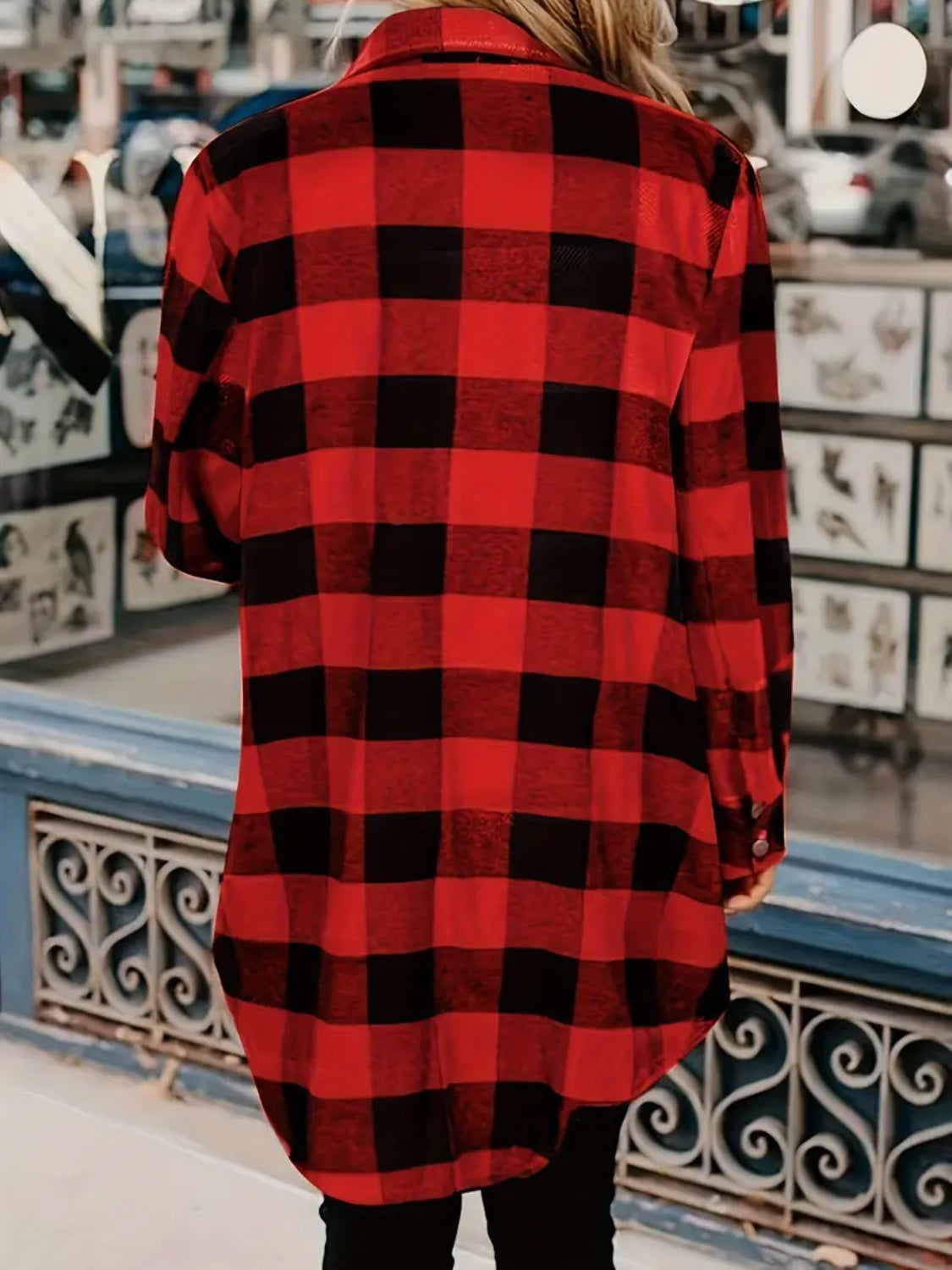 Oversized buffalo check shirt jacket in deep red with black plaid.