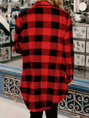 Oversized buffalo check shirt jacket in deep red with black plaid.