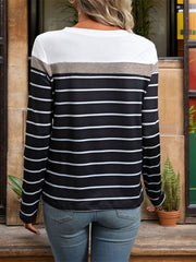 Contrast stripe crewneck tee in black with white and taupe colorblock detail.