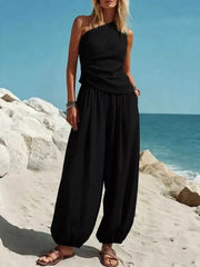 Draped One-shoulder Top & Wide-leg Pants Set