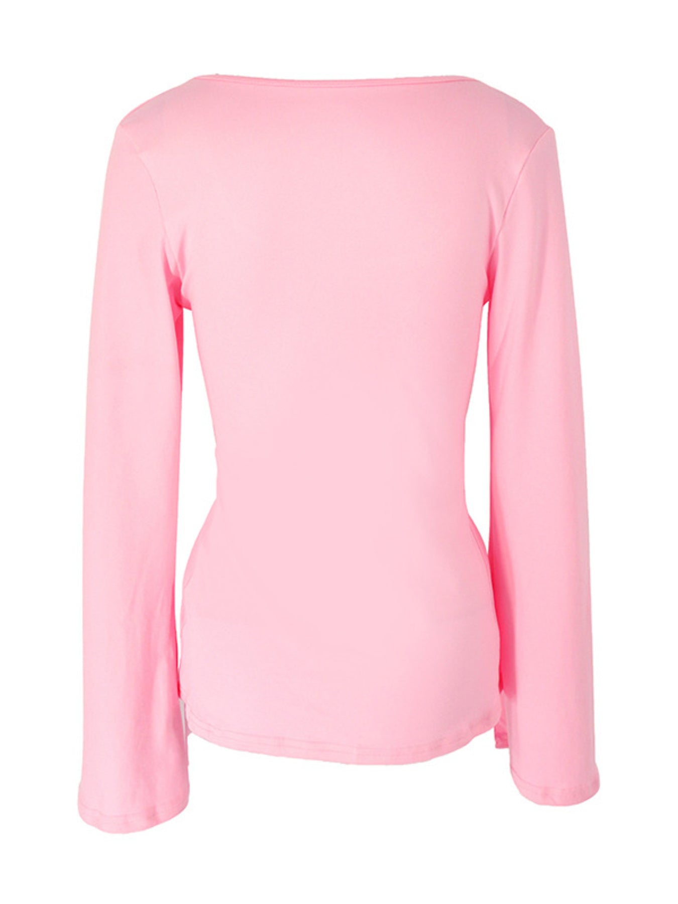 Pink long sleeve t-shirt with a wide neckline and tie front detail.