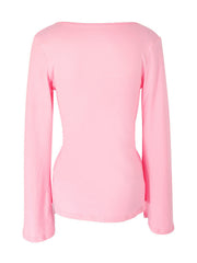 Pink long sleeve t-shirt with a wide neckline and tie front detail.