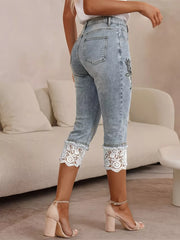 Embroidered Lace-trimmed Capri Jeans