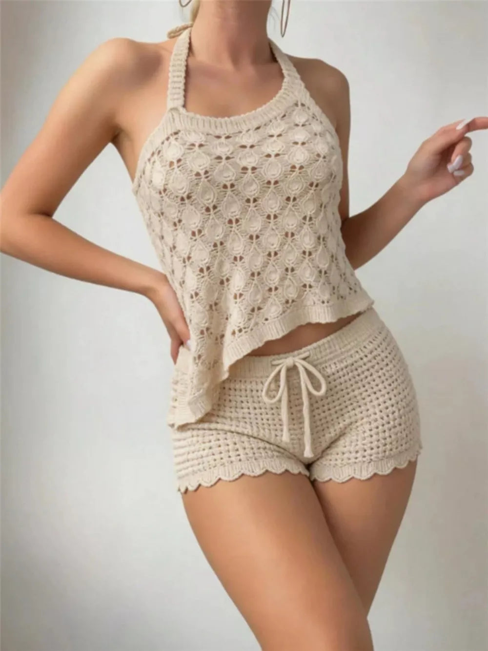 Crochet Knit Halter Neck Top And Shorts Set in Apricot Suit, model styling view