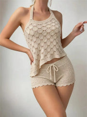Crochet Knit Halter Neck Top And Shorts Set in Apricot Suit, model styling view