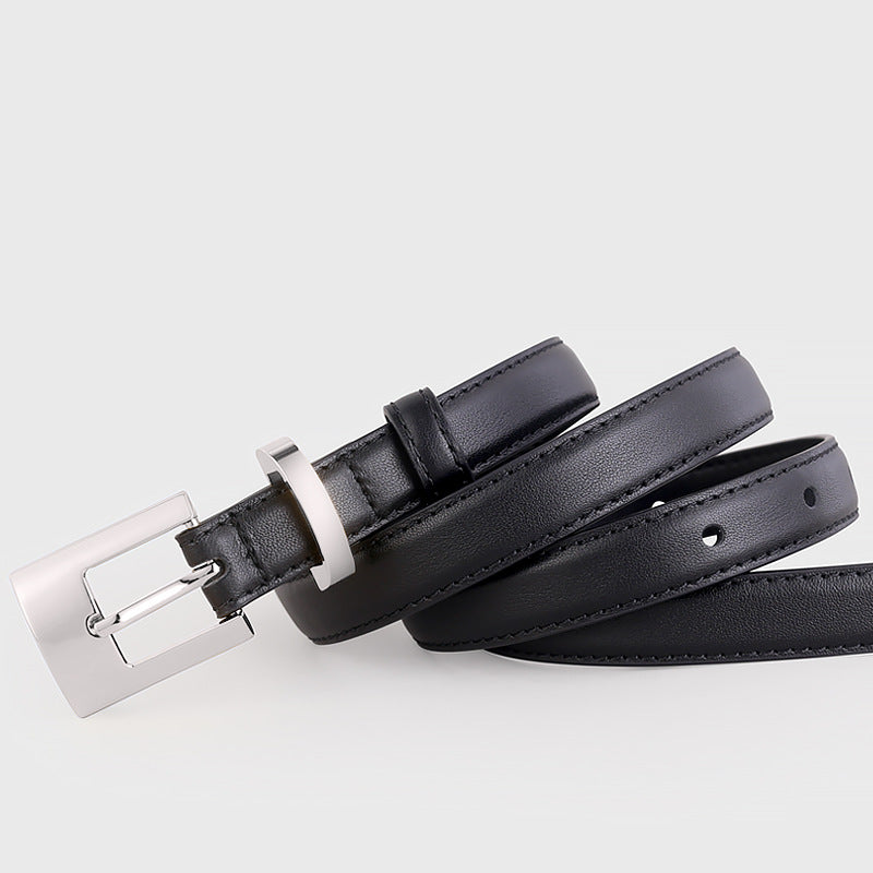 Black cowhide leather belt with silver buckle and keeper loop