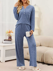 Mauve pajama set featuring buttoned and ribbed