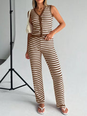 Brown and white striped knit V-neck buttoned sleeveless top and wide-leg pants set.