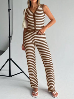 Brown and white striped knit V-neck buttoned sleeveless top and wide-leg pants set.