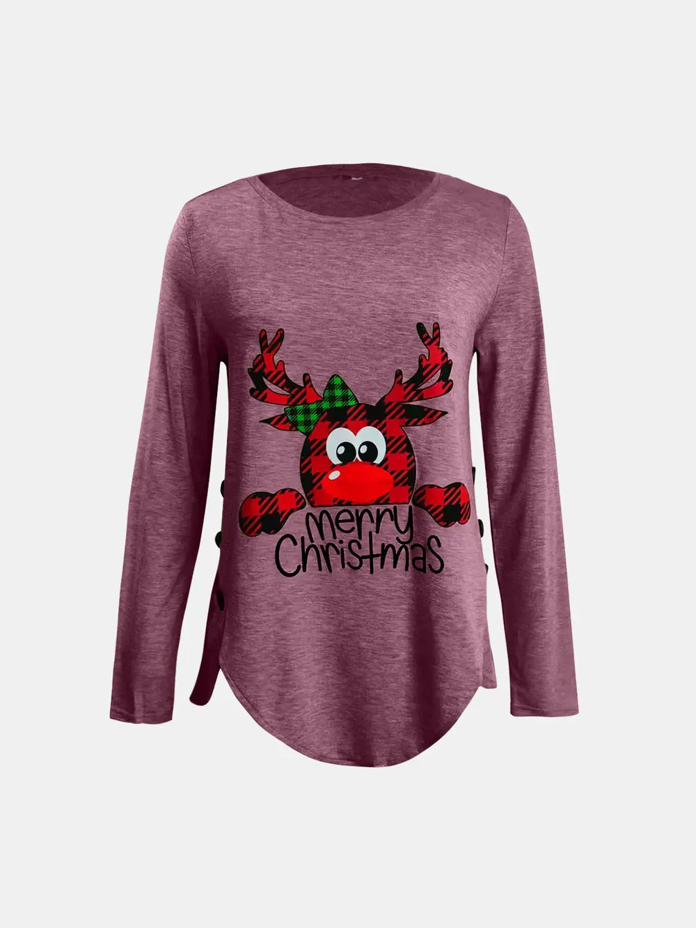 Dusty Pink asymmetrical long sleeve tee with reindeer graphic and button detail