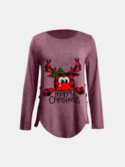Dusty Pink asymmetrical long sleeve tee with reindeer graphic and button detail