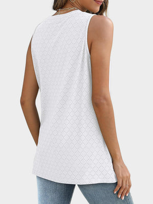 White textured sleeveless shell top with eyelet pattern detail