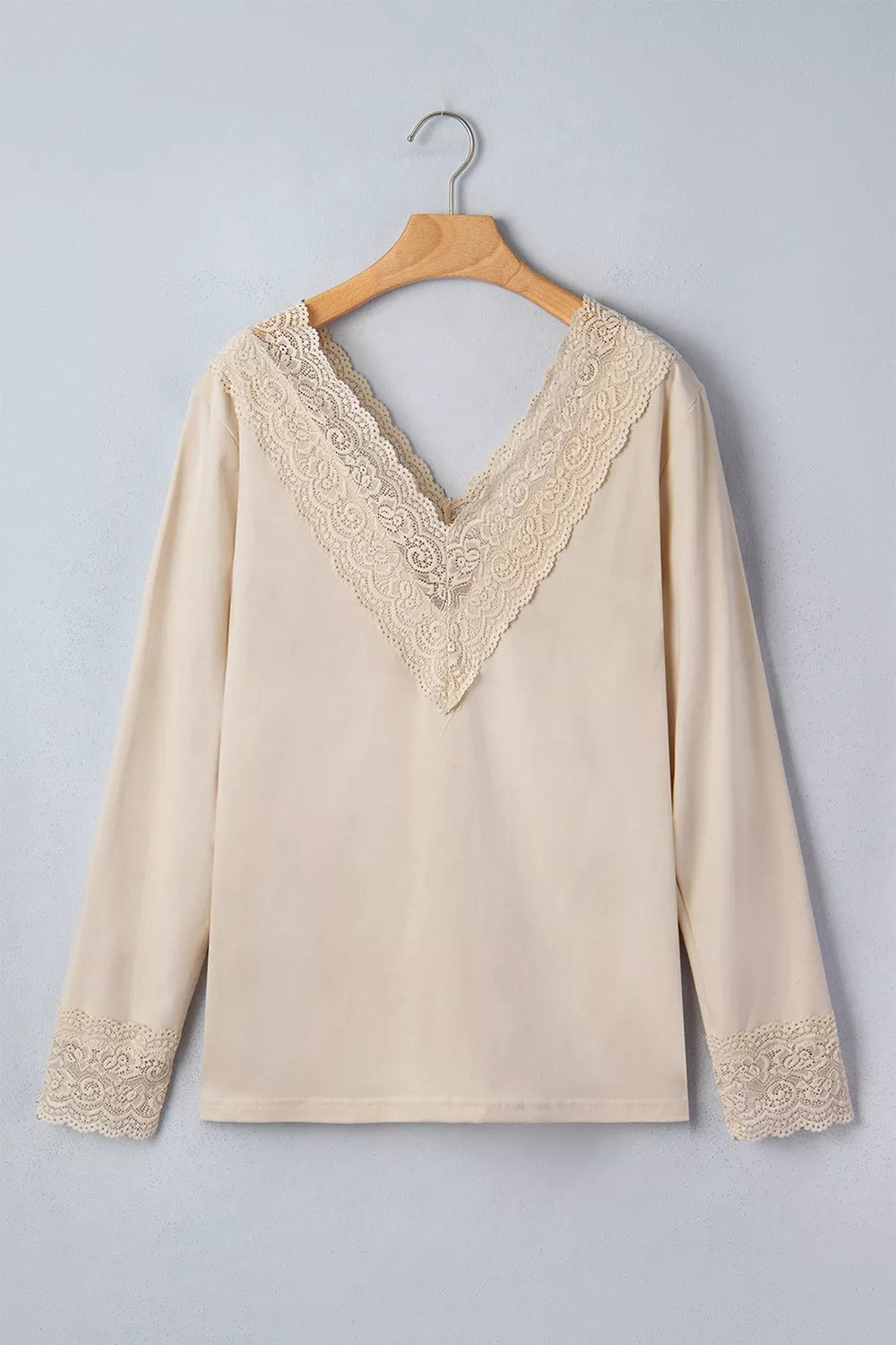 Lace Trim V Neck Long Sleeve Patchwork Shirt, back view