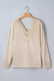 Lace Trim V Neck Long Sleeve Patchwork Shirt, back view