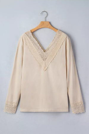 Lace Trim V Neck Long Sleeve Patchwork Shirt, back view