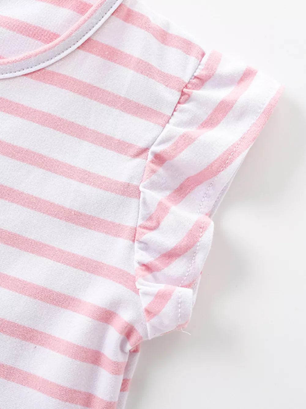 Toddler pink and white striped cotton dress with ruffled cap sleeves.