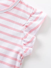 Toddler pink and white striped cotton dress with ruffled cap sleeves.