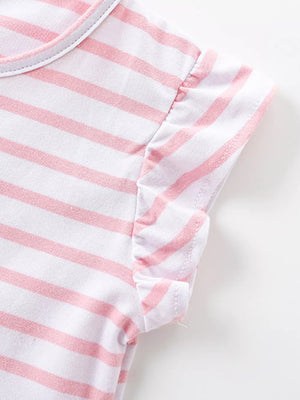 Toddler pink and white striped cotton dress with ruffled cap sleeves.