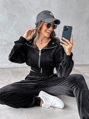 Black velvet crop tracksuit with zipper detail and cinched waist