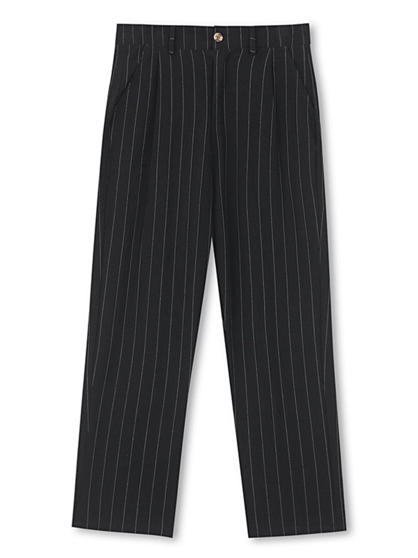 Black pinstripe wide-leg sweatpants for men with a casual, elegant look.