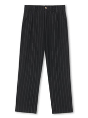 Black pinstripe wide-leg sweatpants for men with a casual, elegant look.