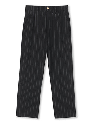 Black pinstripe wide-leg sweatpants for men with a casual, elegant look.